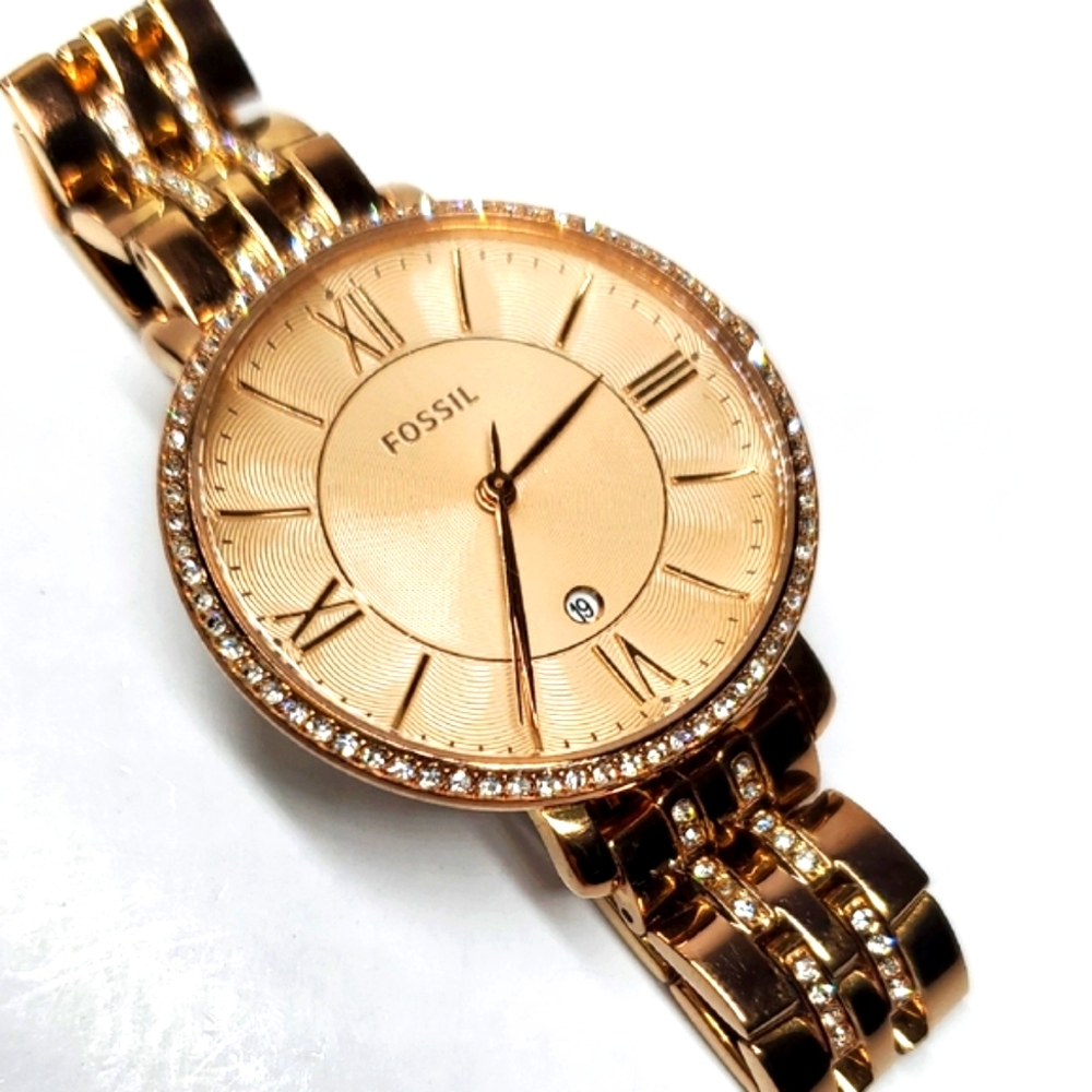 Fossil Watch ES-3546 Rose Gold Wristband Large Face Crystal Bling